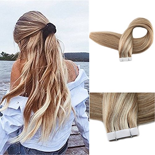 Product Cover Fshine 14 inch Hair Extensions Real Hair Tape in Straight Hair Color #10 and #613 Blonde Highligted 100 Remy Human Hair Tape on Hair Extentions Ombre 50g 20Pcs Per Package