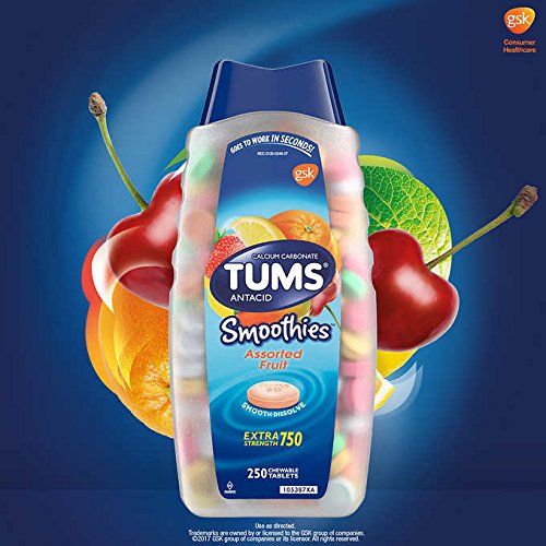 Product Cover TUMS Smoothies Assorted Fruit Extra Strength Antacid Chewable Tablets for Heartburn Relief, Family Size ONE PACK ( 250 count )