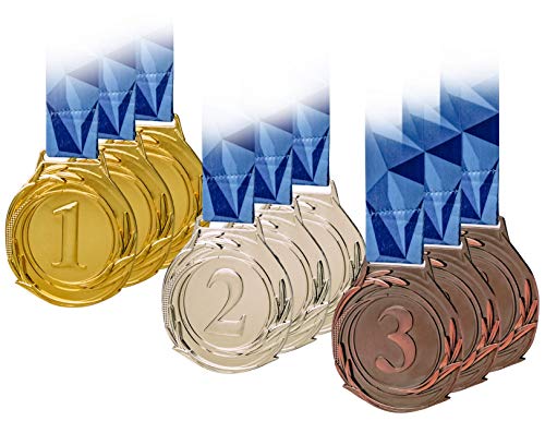 Product Cover 9 Piece Award Medals Set, Olympic Style Medal, Gold Silver Bronze. Made of Strong Premium Metal with V Neck Ribbon - Prize for Events, Classrooms, Office Games and Sports, 1st 2nd 3rd Place