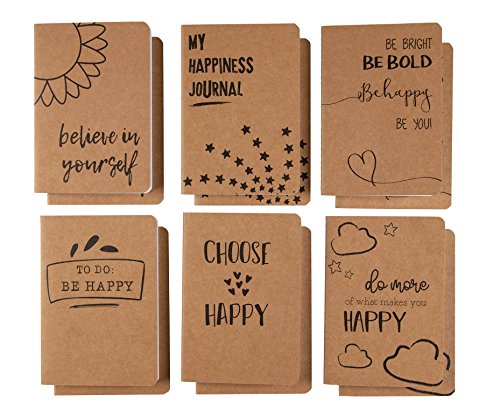 Product Cover Kraft Notebook Bulk - 12-Pack Lined Pocket Notebook, Travel Journal Set for Diary, and Notes, 6 Different Happiness Designs, Soft Cover, 80 Pages, Brown, A6, 4.1 x 5.8 Inches