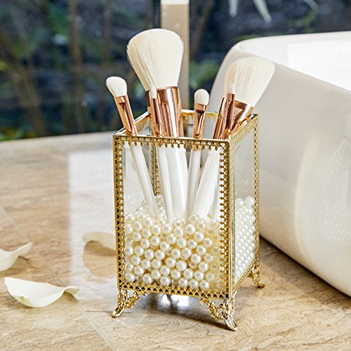Product Cover PuTwo Makeup Brush Holder Glass and Brass Vintage Makeup Brush Organizer Handmade Cosmetic Brush Storage with White Pearls for Dresser Vanity Countertop - Gold