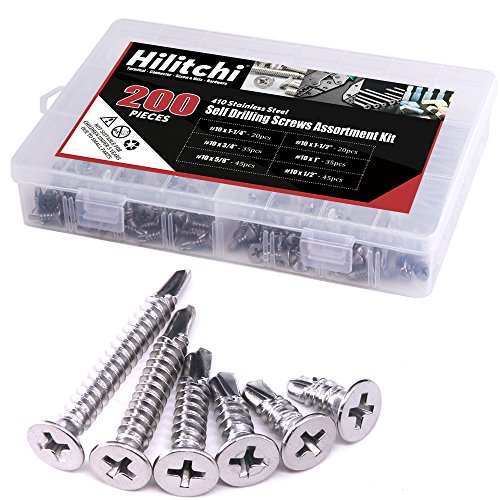 Product Cover Hilitchi 410 Stainless Steel #10 Flat Head Phillips Self Drilling Screws Sheet Metal Tek Screws Assortment Kit, Modified Truss Head Self Driller - Size: #10 x 1/2'' - 1-1/2'' - Pack of 200