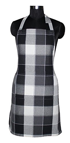 Product Cover AIRWILL Cotton Yarn-Dyed Check Apron with Center Pocket, Adjustable Buckle on Top and 2 Long Ties on 2 Sides, 65x80cm, Jacquard Black, Grey and White