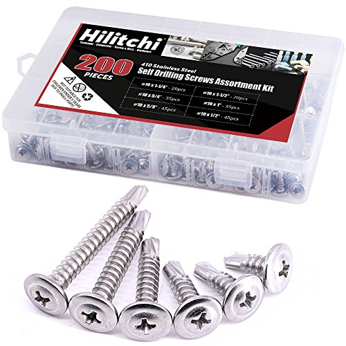 Product Cover Hilitchi 410 Stainless Steel #10 Wafer Head Phillips Self Drilling Screws Sheet Metal Tek Screws Assortment Kit, Modified Truss Head Self Driller - Size: #10 x 1/2'' - 1-1/2'' - Pack of 200