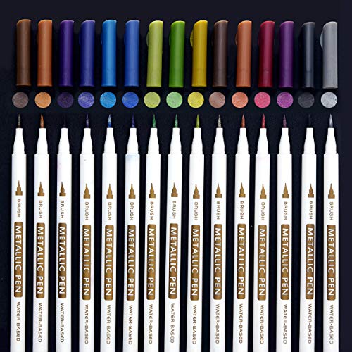 Product Cover Feela 15 Colors Metallic Brush Marker Pens, Metallic Calligraphy Painting Pen for Card Making, Rock Painting, Glass, Metal, Wood,Script Lettering, DIY Photo Album