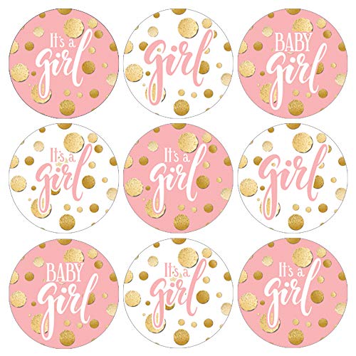 Product Cover Pink and Gold It's a Girl Baby Shower Favor Stickers - 180 Labels
