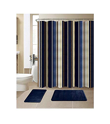 Product Cover All American Collection 15-Piece Bathroom Set with 2 Memory Foam Bath Mats and Matching Shower Curtain | Designer Patterns and Colors (Stripe Navy)