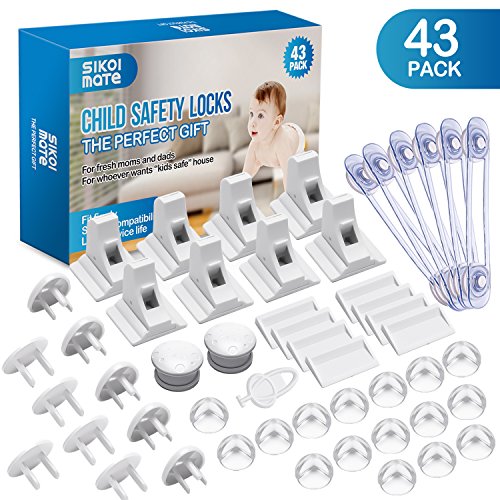 Product Cover Baby Proofing, 43 Pcs Cabinet Locks Child Safety- 8 Magnetic Cabinet Locks+2 Keys, 16 Clear Corner Protectors, 10 Outlet Plugs, 6 Child Safety Locks, No Drill Required Baby Proof Set