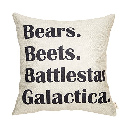 Product Cover Fahrendom Bears, Beets, Battlestar Galactica, The Office Quote Sign Decor Cotton Linen Home Decorative Throw Pillow Case Cushion Cover with Words for TV Series Lover Sofa Couch 18 x 18 in