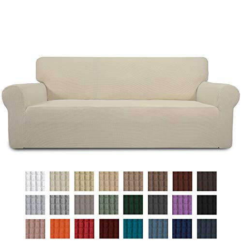 Product Cover Easy-Going Stretch Sofa Slipcover 1-Piece Couch Sofa Cover Furniture Protector Soft with Elastic Bottom for Kids, Spandex Jacquard Fabric Small Checks(Sofa,Ivory