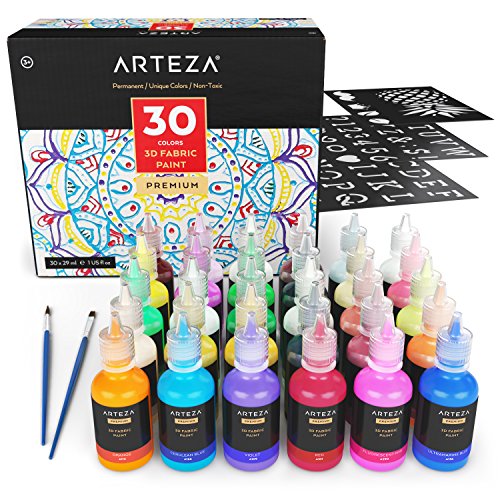 Product Cover ARTEZA 3D Permanent Fabric Paint, Set of 30 Individual Colors (Include Neon & Fluorescent) for Textile, Fabric, T-Shirt, Canvas, Wood, Ceramic, Glass
