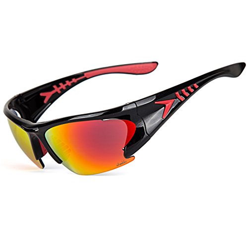 Product Cover LVXING1 Shieldo Polarized Sports Sunglasses for Men and Women Running Cycling Fishing, Mirrored Integrated Polarized Lens Unbreakable Frame SLY001 (Red-Black)