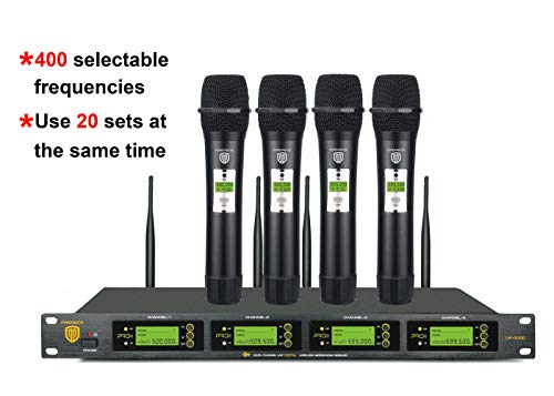 Product Cover PRORECK UK-4000 UHF 4 Channel Wireless Microphone System with Four Handheld Microphone with FCC Certification, Perfect for Party/Wedding/Church/Conference/Speech, 400 Selectable Frequencies
