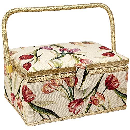 Product Cover Sewing Basket with Tulip Floral Print Design- Sewing Kit Storage Box with Removable Tray, Built-in Pin Cushion and Interior Pocket - Large - 12