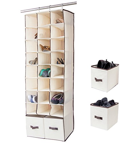 Product Cover 24 Slot Hanging Shoe Organizer In Closet Over Rod Shoe Caddy With Foldable Drawers Storage Bag, Space Saving Shoe Rack Holder