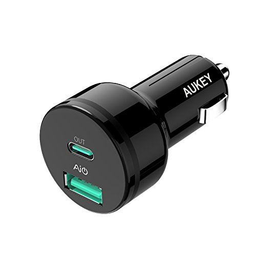 Product Cover Fast Car Charger, AUKEY 39W USB C PD Car Charger, Dual Port Adapter Fast Charging iPhone 11 Pro Max/XS, Samsung Note10+ / S10 / S9, Google Pixel 4/4 XL, iPad Pro, and More