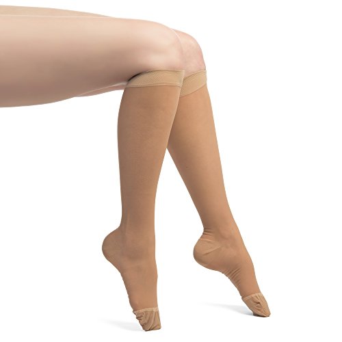 Product Cover EvoNation Women's USA Made Sheer Graduated Compression Socks 8-15 mmHg Mild Pressure Medical Quality Knee High Support Stockings Hose - Circulation Travel (Medium, Tan Nude Beige)