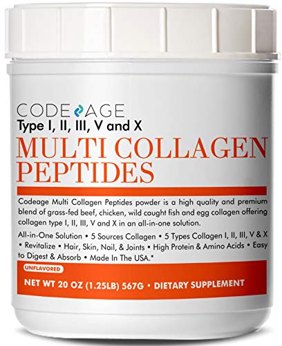 Product Cover Codeage Multi Collagen Protein Powder Hydrolyzed, Type I, II, III, V, X Grass Fed All in One Super Bone Broth and Collagen, 20 Ounces