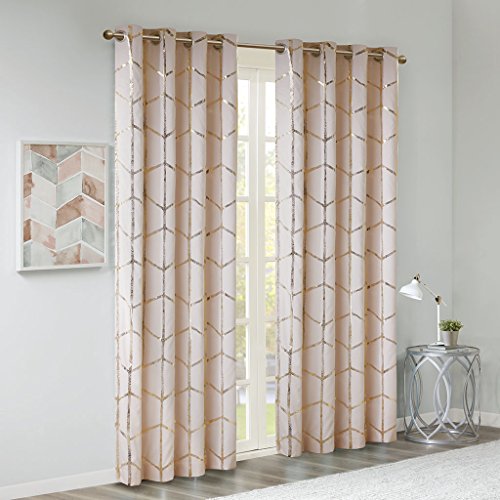 Product Cover Madison Park Raina Total Blackout Metallic Print Grommet Top Window Curtain Panel Thermal Insulated Light Blocking Drape for Bedroom Living Room and Dorm, 50x84, Blush/Gold