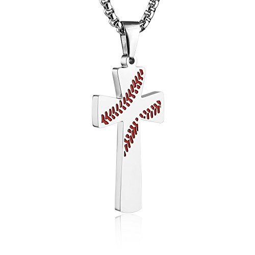 Product Cover HZMAN Baseball Cross Pendant, I CAN DO All Things Strength Bible Verse Stainless Steel Necklace (Silver)