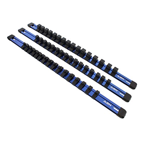 Product Cover ABN Blue Aluminum SAE Socket Holder Rail 3-Piece Set - 1/4in, 3/8in, 1/2in Socket Rails and 16 Clips Tool Organizer