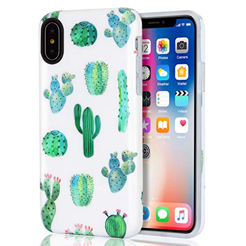 Product Cover iPhone X Case, iPhone XS Case, iPhone 10 Case, Girls Women White Green Cactus Best Protective Bumper Slim Fit Heavy Duty Cute Thin Soft Clear Silicone Rubber TPU Cover Phone Case for iPhone X/XS