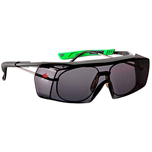 Product Cover NoCry Tinted Over-Spec Safety Glasses - with Anti-Scratch Wraparound Lenses, Adjustable Arms, and UV400 Protection, Grey & Green Frames. ANSI Z87.1 & OSHA Certified
