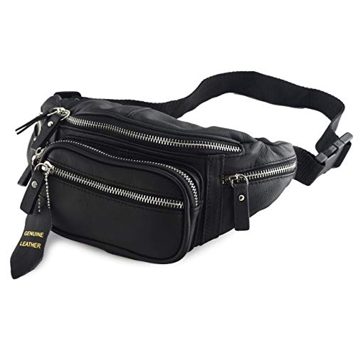 Product Cover Fanny Pack Multifunction, Genuine Leather Hip Bum Bag, Travel Pouch for Men and Women- Multiple Pockets & Sturdy Zippers Ideal for Hiking Running and Cycling (Black)