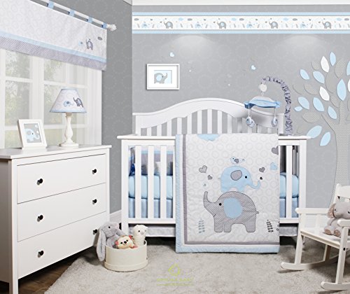 Product Cover GEENNY OptimaBaby Blue Grey Elephant 6 Piece Baby Nursery Crib Bedding Set