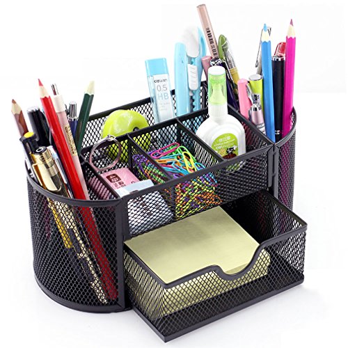 Product Cover MONBLA Desk Supplies Organizer Multi-Functional Stationery Caddy Mesh Oval Pencil Holder Desk Office Supplies Organizer 9 Compartments with Drawer for Note Pads Black