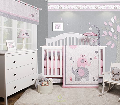 Product Cover GEENNY OptimaBaby Pink Grey Elephant 6 Piece Baby Girl Nursery Crib Bedding Set