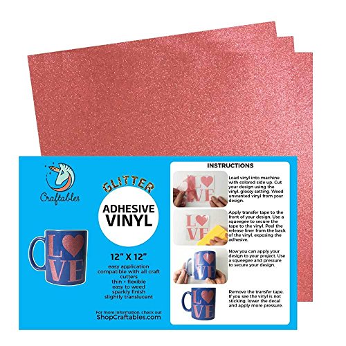 Product Cover Craftables Pink Glitter Adhesive Vinyl for Cricut, Silhouette Cameo, and Craft Cutters - (3) 12in x 12in Sheets