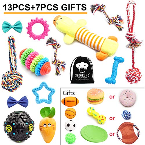 Product Cover SZKOKUHO (13+7 Pack) Puppy Dog Chew Toys Set-Plush Toys,Dog Ropes,Squeaky Toys,Puppy Chew Toys,Dog Ball Toys,Dog Bone Toy,Dog Flying Discs,Dog Bow Tie,for Small to Some Medium Dogs