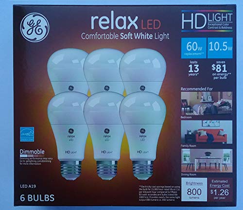 Product Cover GE Relax High Definition LED Light Bulb 10.5-watt 2700K Comfortable Soft White 800-Lumens 6-Pack 60-watt Replacement Dimmable A19