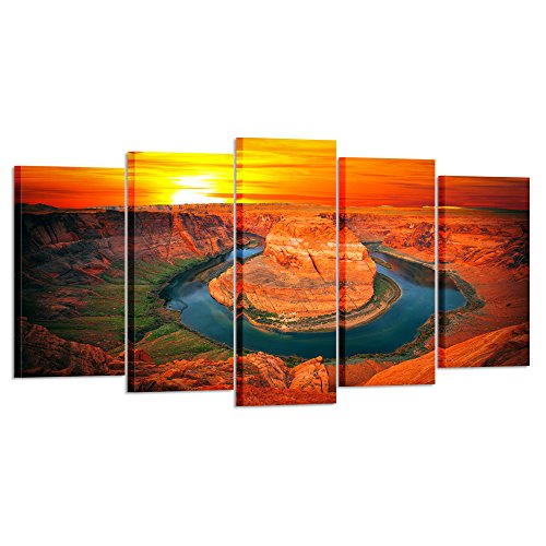 Product Cover Kreative Arts - Large 5 Piece Canvas Wall Art Sunset Moment at Horseshoe Bend Colorado River Grand Canyon National Park Arizona USA Poster Art Prints Pictures for Home Walls (Large Size 60x32inch)