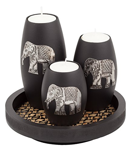 Product Cover IYARA CRAFT's 3 Wooden Candle Holders with Candle Tray - Decorative Candle Holders with Inlaid Aluminium Antique Elephant - Intricate Details - Matte Wood Finish - Ideal for Modern & Rustic Settings