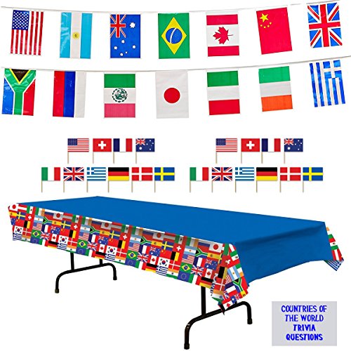 Product Cover International Flags Party Decorations - International Flags Tablecover, 23 ft Pennant Flag Banner, Toothpick Flags (50), and Countries of The World Trivia Questions