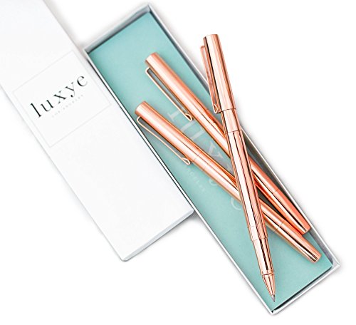 Product Cover Rose Gold Pens with Rose Gold Pen Cap 3 Piece Pen Set - Rose Gold Metal Pens - Fine Point Black Gel Ink Cap Pens - Rose Gold Office School Wedding Supplies - In White Gift Box for Women Birthdays
