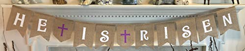 Product Cover HE is Risen Burlap Banner - Easter Bunting Decoration with Crosses - Religious Holiday Bunting Wall Hanging - Ready to Hang Church Prop Decorations - by Jolly Jon ®