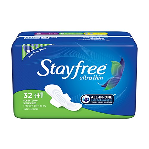 Product Cover Stayfree Ultra Thin Super Long Pads with Wings For Women, Reliable Protection and Absorbency of Feminine Moisture, Leaks and Periods, 32 count - Pack of 4