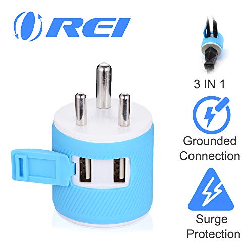 Product Cover India, Nepal, Maldives Travel Plug Adapter by OREI with Dual USB - USA Input + Surge Protection - Type D (U2U-10), Will Work with Cell Phones, Camera, Laptop, Tablets, iPad, iPhone and More