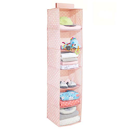 Product Cover mDesign Soft Fabric Over Closet Rod Hanging Storage Organizer with 6 Shelves for Child/Kids Room or Nursery - Polka Dot Pattern - Light Pink with White Dots