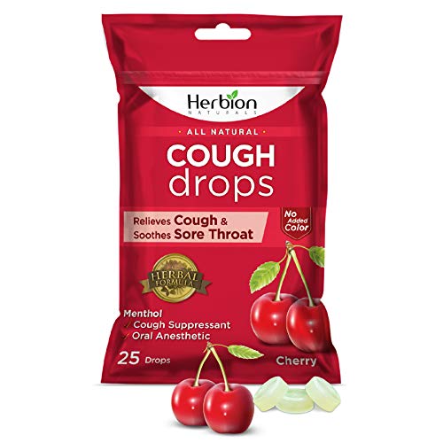 Product Cover Herbion Naturals Cough Drops with Natural Cherry Flavor, 25 Count, Oral Anesthetic - Relieves Cough, Throat, Bronchial Irritation, Soothes Sore Mouth, for Adults and Children
