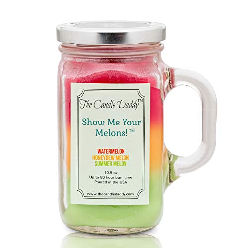 Product Cover Show Me Your Melons! Scented Candle - Watermelon, Cantaloupe, Honeydew Scented Triple Layer Candle - 10.5 oz Mason Jar Candle - Fun and Funny Gag Joke Candle Poured in Small Batches in USA