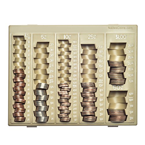 Product Cover Nadex Coin Handling Tray | Bank Teller and Change Counter Coin Counting and Sorting Tray with 6 Compartments for U.S. Coins with Cover - 32 Coin Wrappers Included (Beige)