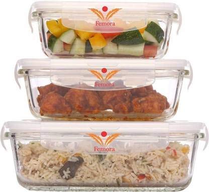 Product Cover Femora Borosilicate Rectangular Glass Food Storage Container With Air Vent Lid-Set Of 3 Pcs - (400ml, 620 ml, 1000 ml)