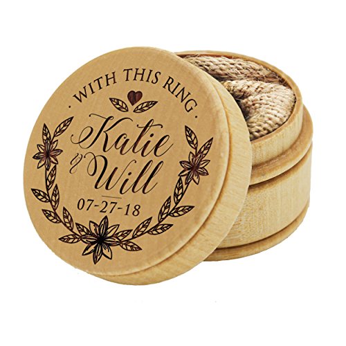 Product Cover Custom Engraved Ring Box Holder - Personalized Rustic Round Wood Ring Bearer Wedding Box - Monogrammed for Free