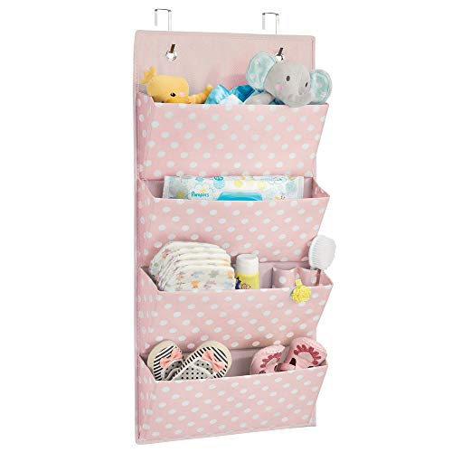 Product Cover mDesign Soft Fabric Wall Mount/Over Door Vertical Hanging Storage Organizer Center - 4 Large Pockets for Baby Child/Kids Bedroom, Nursery, Playroom, Closet - Polka Dot Print - Light Pink/White