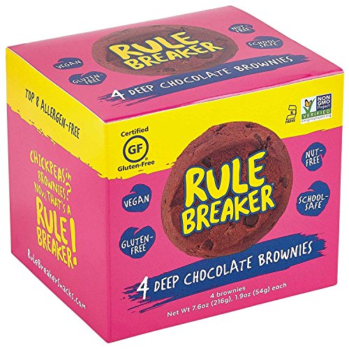 Product Cover Rule Breaker Snacks Cookies - Deep Chocolate Brownie, Vegan, Gluten Free, Nut Free, Allergy Friendly, Kosher, Individually Wrapped and School Safe (4 Brownies)