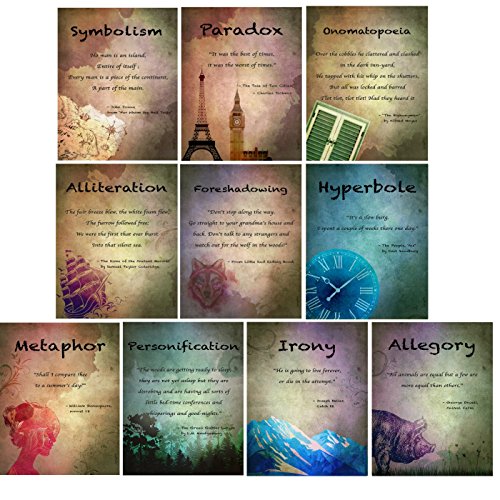 Product Cover Vintage Elements of English Language and Literature Posters, Set of 10 (Onomatopoeia, Paradox, Personification, Irony, Allegory, Metaphor, Symbolism, Foreshadowing, Alliteration, and Hyperbole)